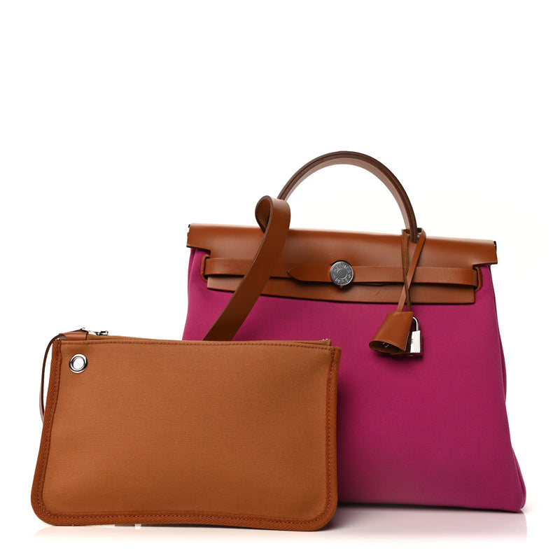  Hermes Toile Militaire Vache Hunter Herbag Zip Retourne 31 PM Rose Pourpre Fauve