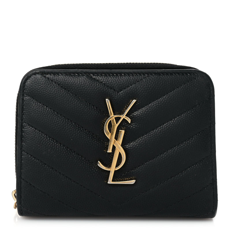  Saint Laurent Grain De Poudre Matelasse Chevron Monogram Compact Zip Around Wallet Black