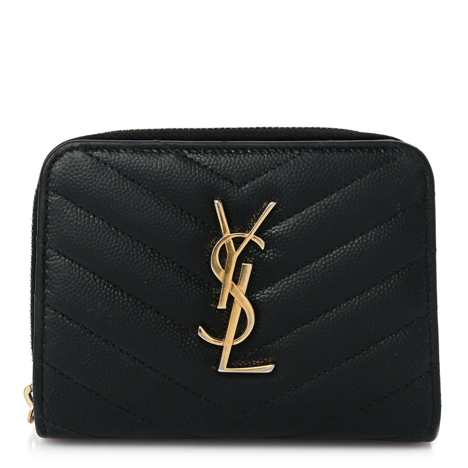 Saint Laurent Grain De Poudre Matelasse Chevron Monogram Compact Zip Around Wallet Black Image 1