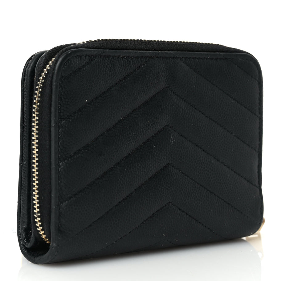 Saint Laurent Grain De Poudre Matelasse Chevron Monogram Compact Zip Around Wallet Black Image 3
