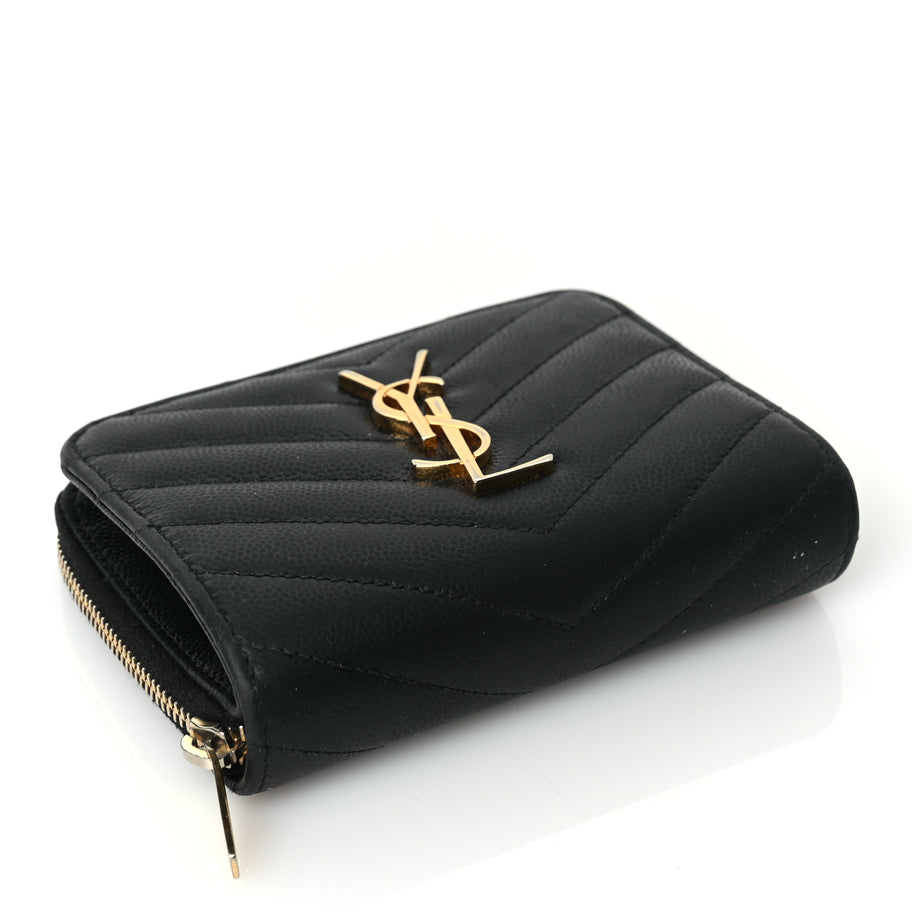 Saint Laurent Grain De Poudre Matelasse Chevron Monogram Compact Zip Around Wallet Black Image 4