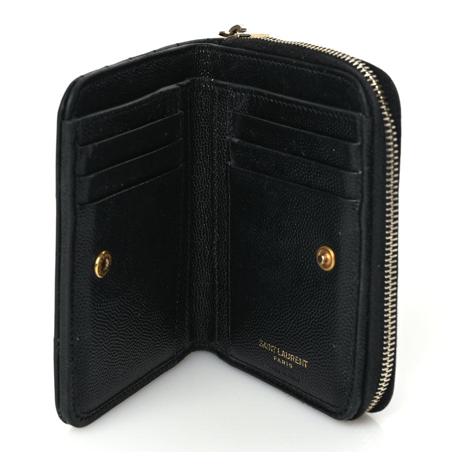 Saint Laurent Grain De Poudre Matelasse Chevron Monogram Compact Zip Around Wallet Black Image 5