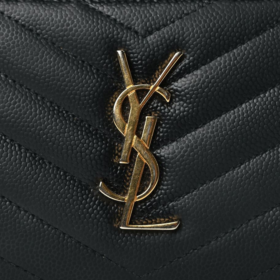 Saint Laurent Grain De Poudre Matelasse Chevron Monogram Compact Zip Around Wallet Black Image 7