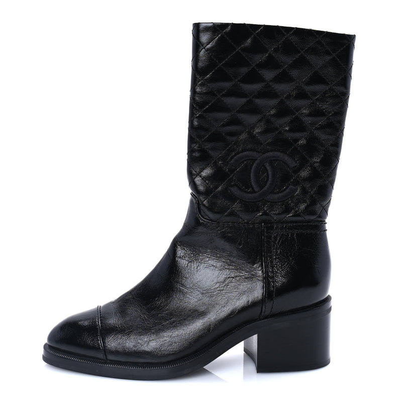  Chanel Shiny Crumpled Calfskin Quilted CC High Boots 37.5 Black