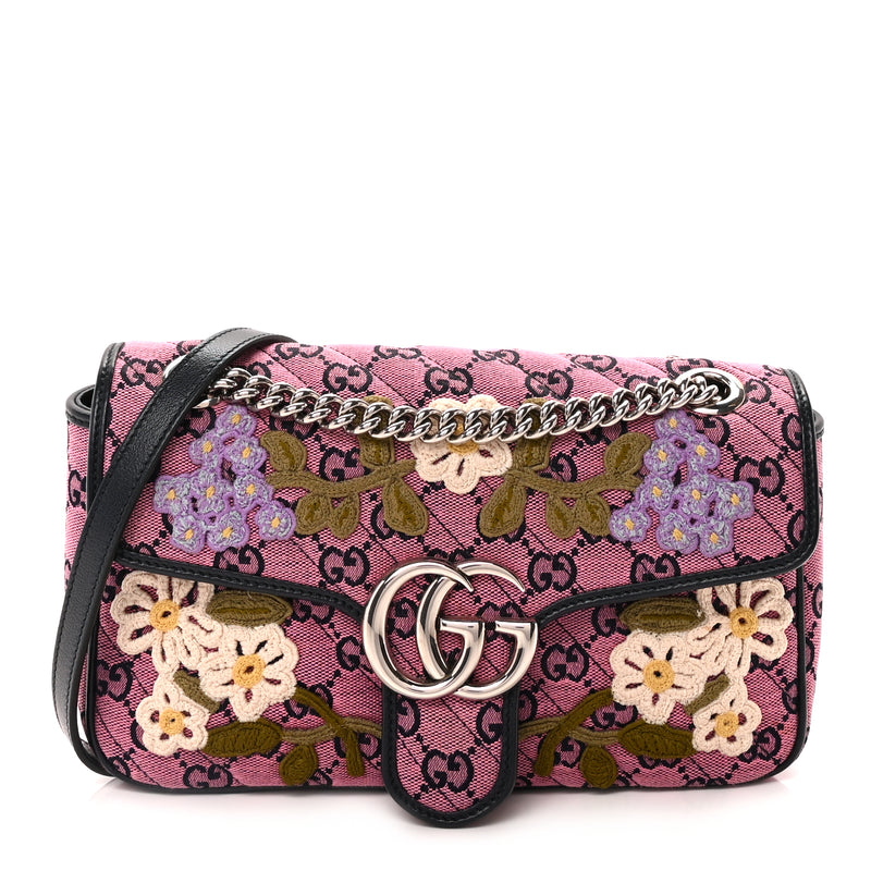  Gucci Monogram Multicolor Matelasse Diagonal Floral Embroidered Small GG Marmont Shoulder Bag Pink Blue Ivory Green Lilac