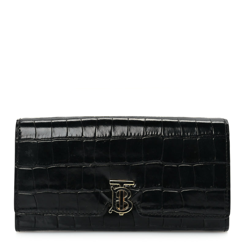  Burberry Calfskin Crocodile Embossed TB Continental Wallet Black