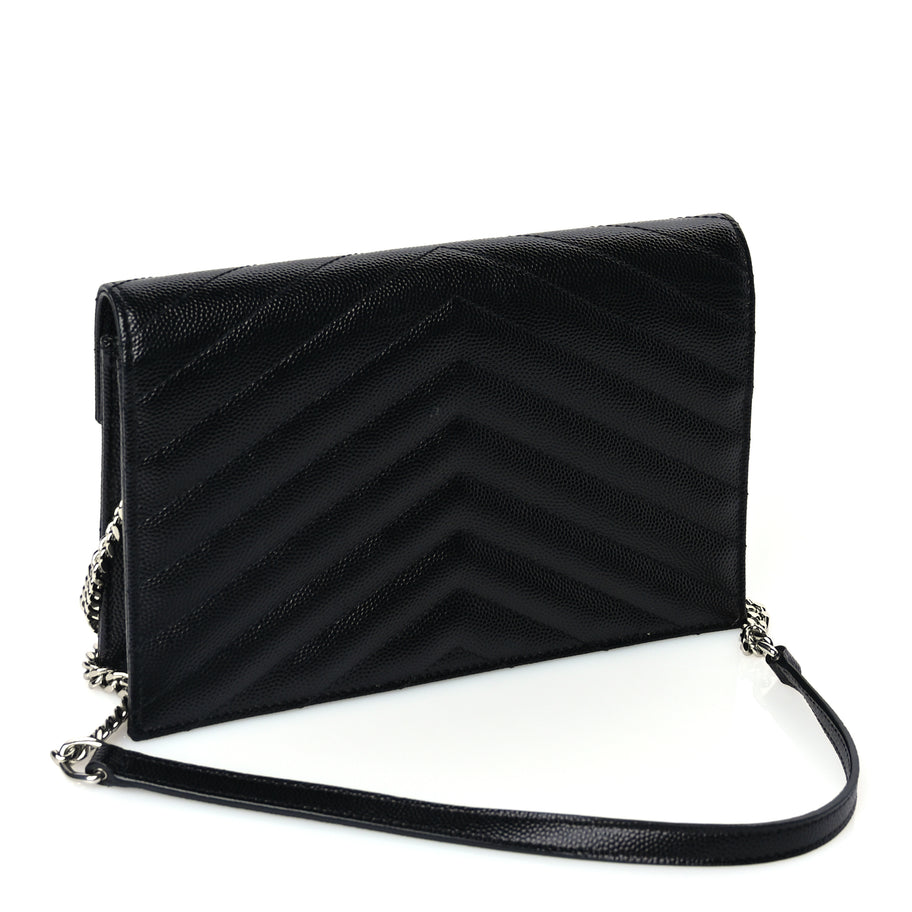 Saint Laurent Grain De Poudre Matelasse Chevron Monogram Envelope Chain Wallet Black Image 3