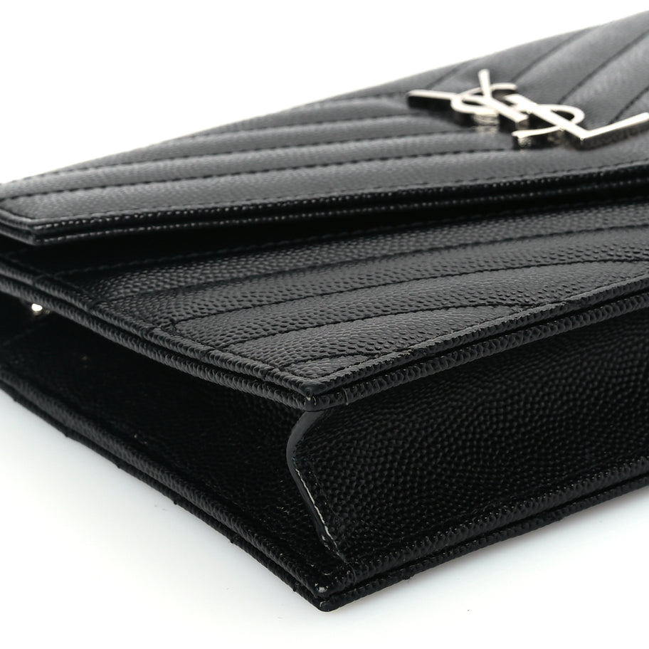 Saint Laurent Grain De Poudre Matelasse Chevron Monogram Envelope Chain Wallet Black Image 13