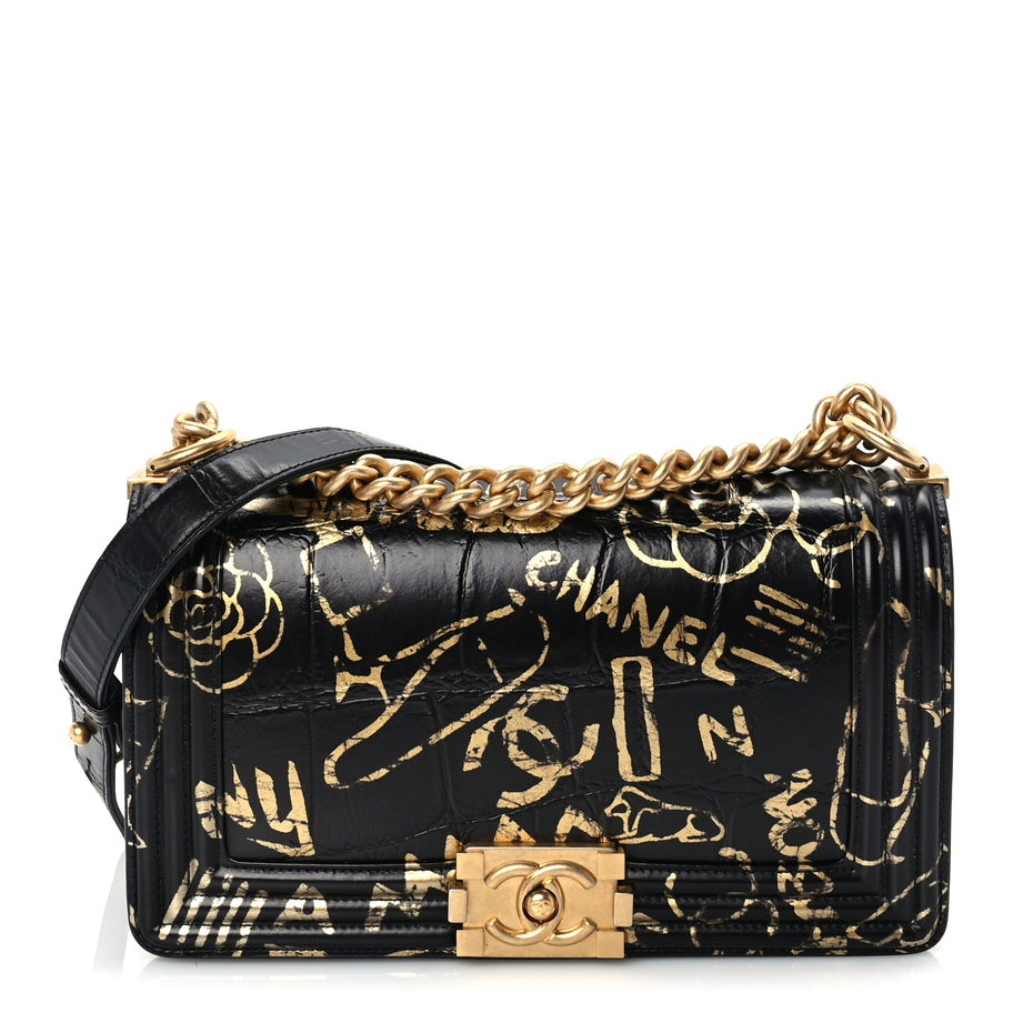 Chanel Calfskin Crocodile Embossed Graffiti Cocodile Medium Boy Flap Black Image 1