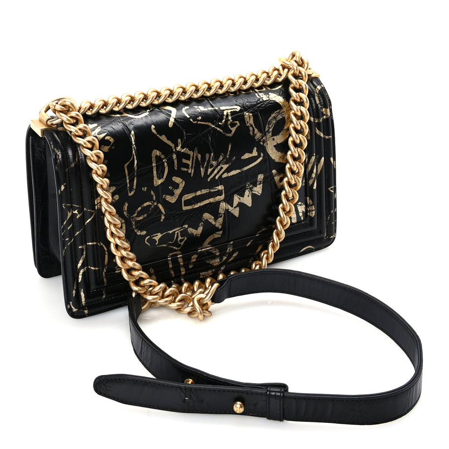 Chanel Calfskin Crocodile Embossed Graffiti Cocodile Medium Boy Flap Black Image 2