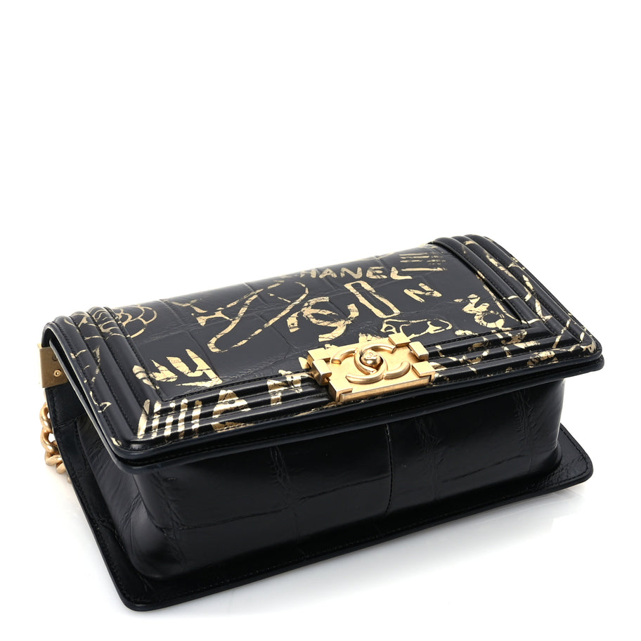 Chanel Calfskin Crocodile Embossed Graffiti Cocodile Medium Boy Flap Black Image 3