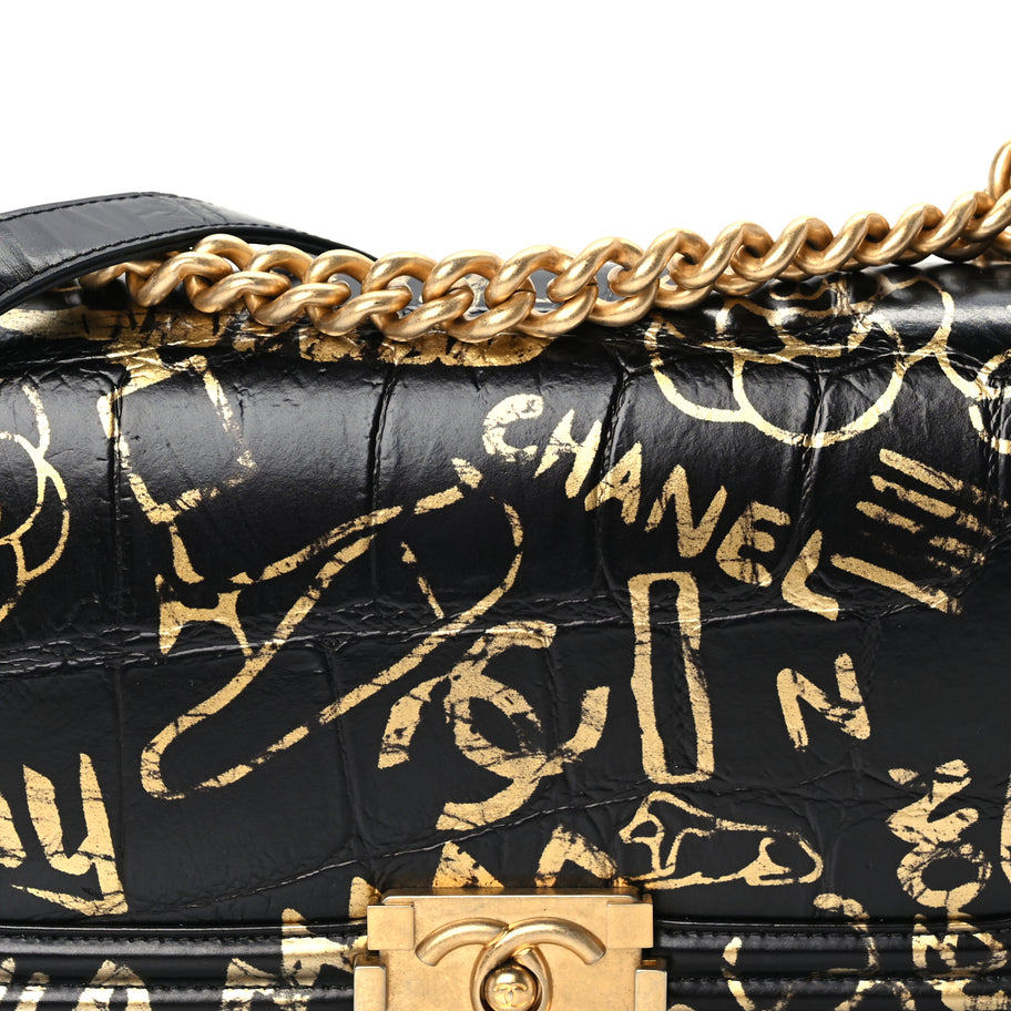 Chanel Calfskin Crocodile Embossed Graffiti Cocodile Medium Boy Flap Black Image 7