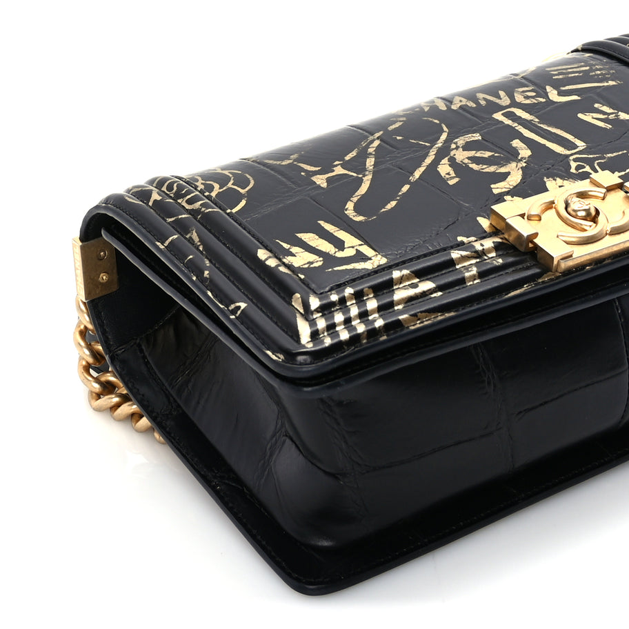 Chanel Calfskin Crocodile Embossed Graffiti Cocodile Medium Boy Flap Black Image 8