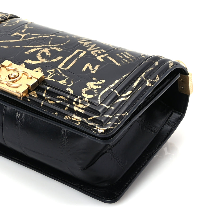 Chanel Calfskin Crocodile Embossed Graffiti Cocodile Medium Boy Flap Black Image 9