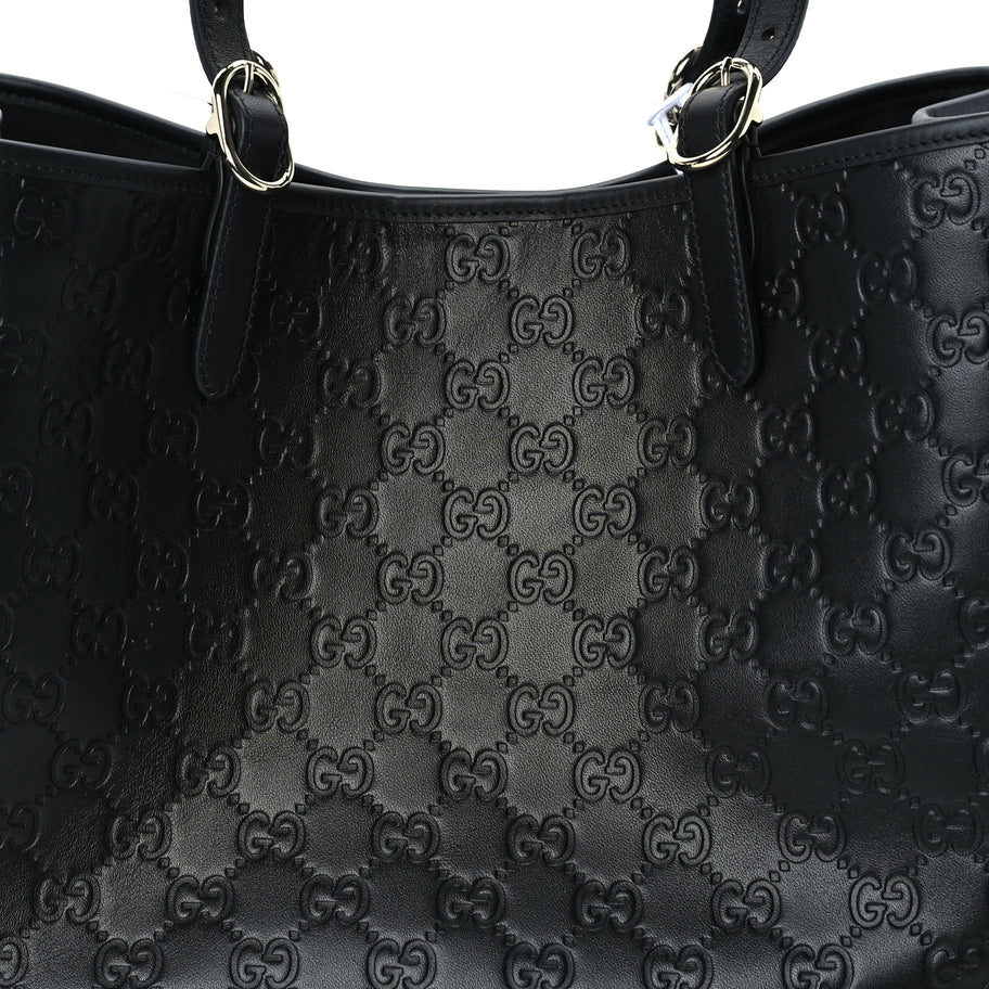 Gucci Calfskin GG Monogram Emblem Large Tote Bag  Black Image 6