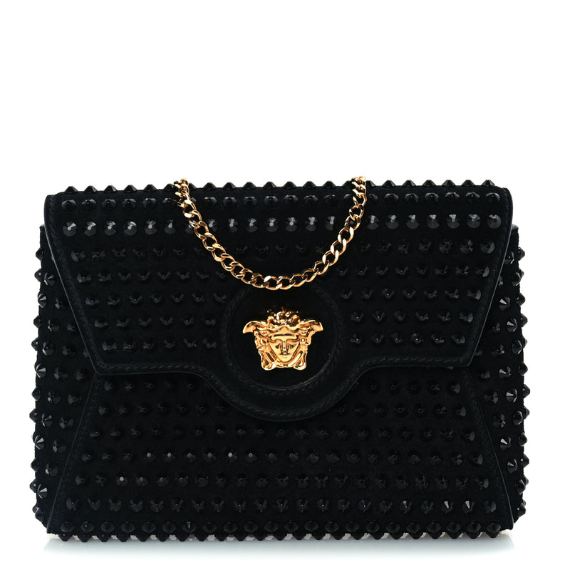  Versace Suede Studded Medusa Chain Clutch Black