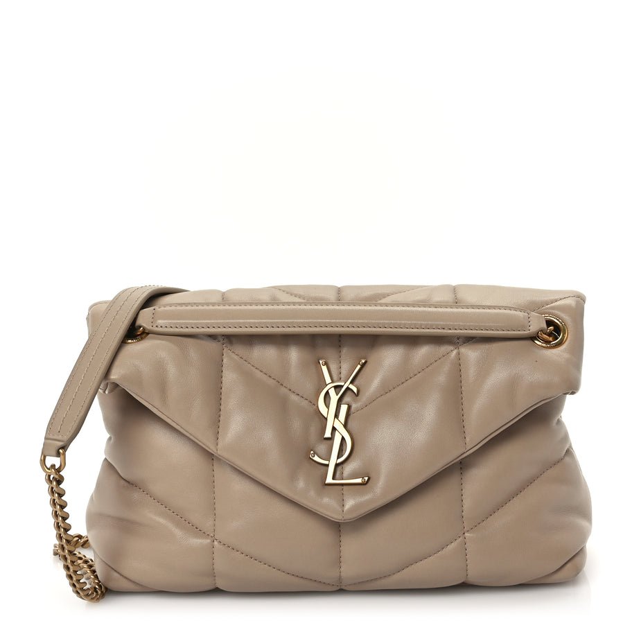 Saint Laurent Lambskin Quilted Small Loulou Puffer Monogram Chain Satchel Dark Beige Image 1