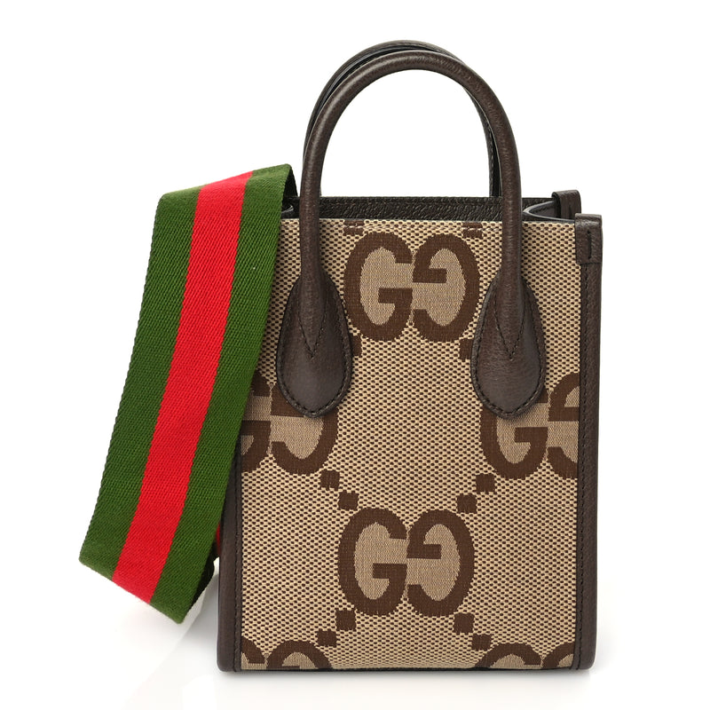  Gucci GUCCI Monogram Jumbo GG Textured Dollar Calfskin Web Mini Vertical Tote Camel Ebony New Acero
