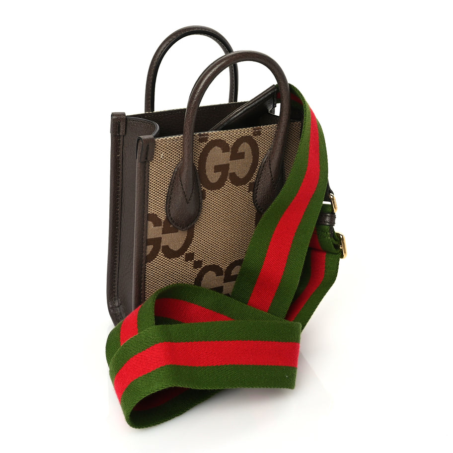 Gucci GUCCI Monogram Jumbo GG Textured Dollar Calfskin Web Mini Vertical Tote Camel Ebony New Acero Image 2