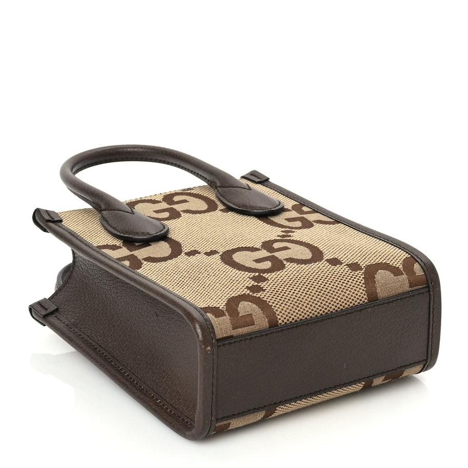 Gucci GUCCI Monogram Jumbo GG Textured Dollar Calfskin Web Mini Vertical Tote Camel Ebony New Acero Image 3