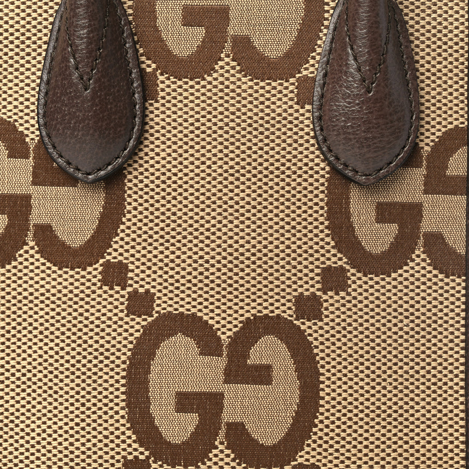 Gucci GUCCI Monogram Jumbo GG Textured Dollar Calfskin Web Mini Vertical Tote Camel Ebony New Acero Image 6