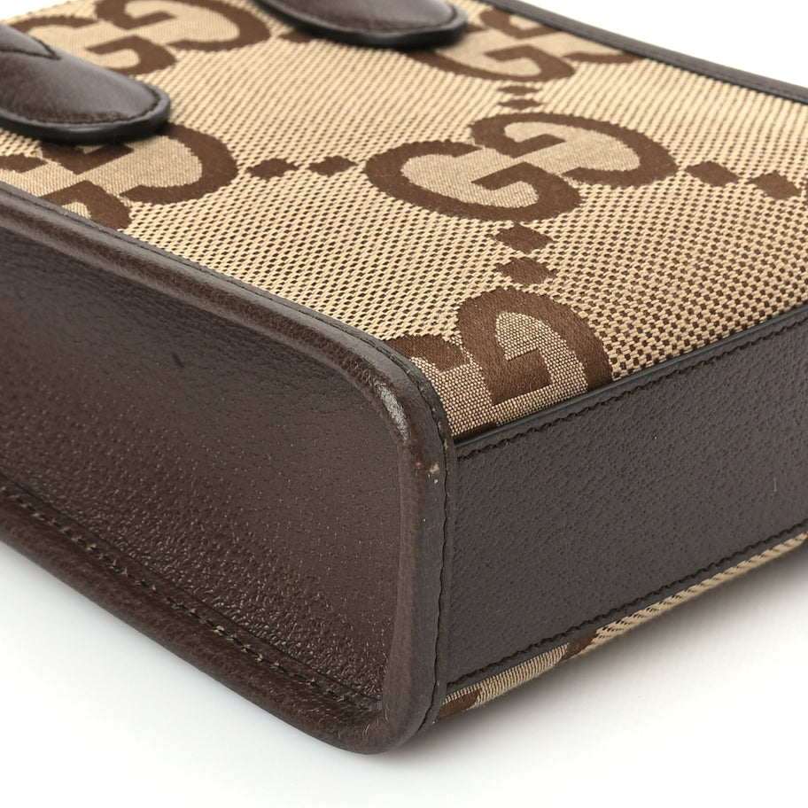 Gucci GUCCI Monogram Jumbo GG Textured Dollar Calfskin Web Mini Vertical Tote Camel Ebony New Acero Image 7