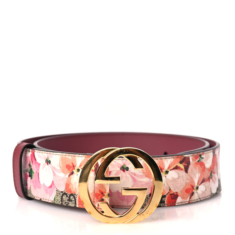  Gucci GG Supreme Monogram Blooms Moon Calfskin Interlocking G 37mm Belt 80 32 Beige Ebony Multicolor Dry Rose