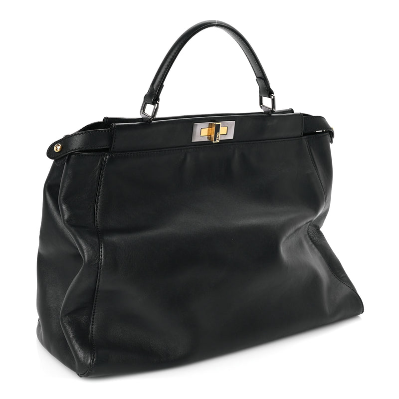  Fendi Vitello Seta Shiny Nappa Large Peekaboo Iconic Satchel Black