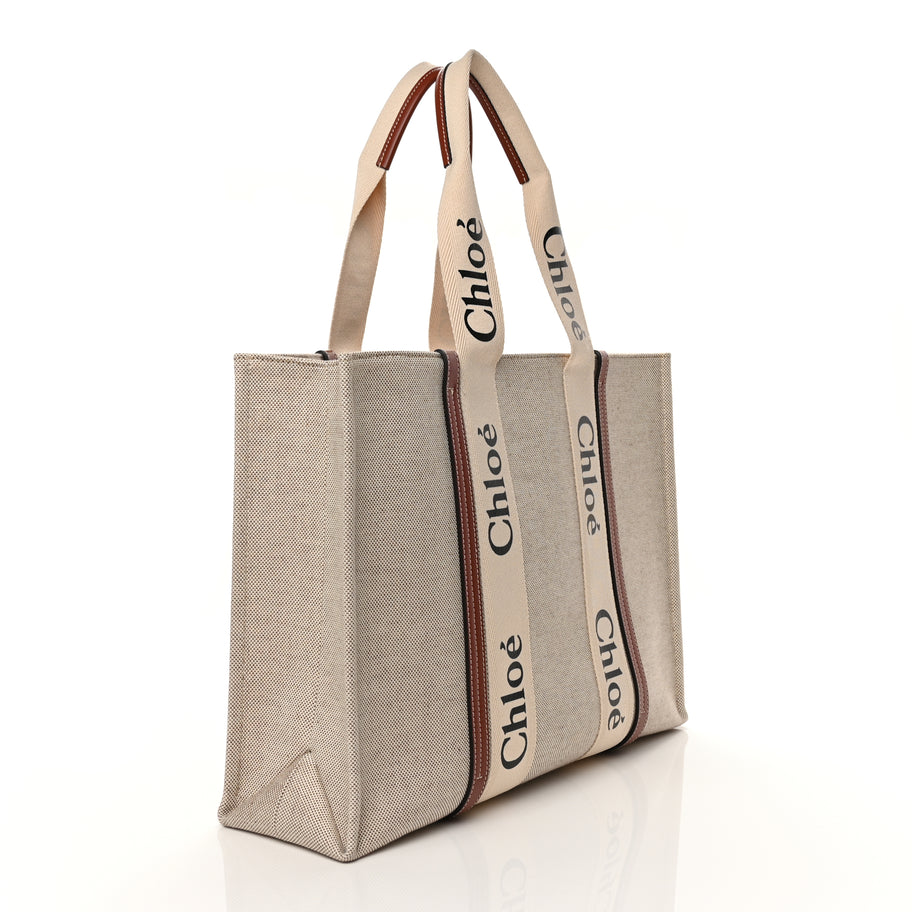 Chloe Cotton Calfskin Large Woody Ribbon Tote White Brown Image 2