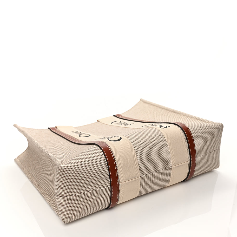 Chloe Cotton Calfskin Large Woody Ribbon Tote White Brown Image 3