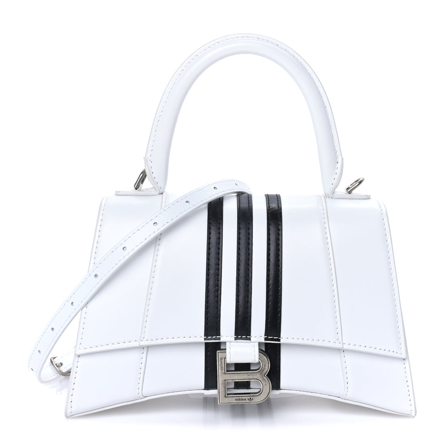 Balenciaga X ADIDAS Shiny Box Calfskin Small Hourglass Top Handle Bag  Off White Black Image 1