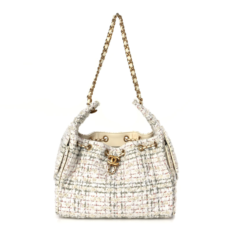  Chanel Tweed Quilted Small Chanel 25 Handbag Ecru Khaki Gold Red