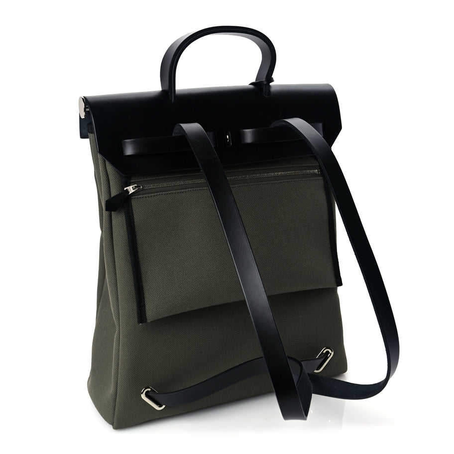 Hermes Military Toile Vache Hunter Herbag a Dos Zip Retourne Backpack Vert De Gris Black Image 2