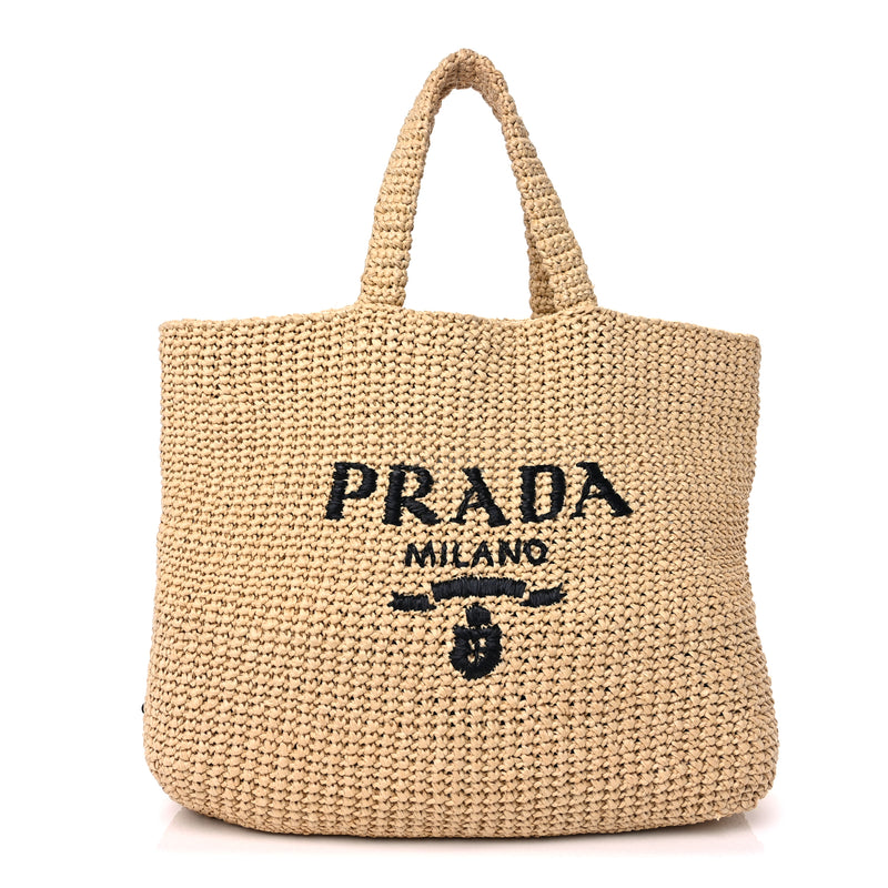  Prada Yarn Raffia Effect Crochet Embroidered Logo Tote Naturale