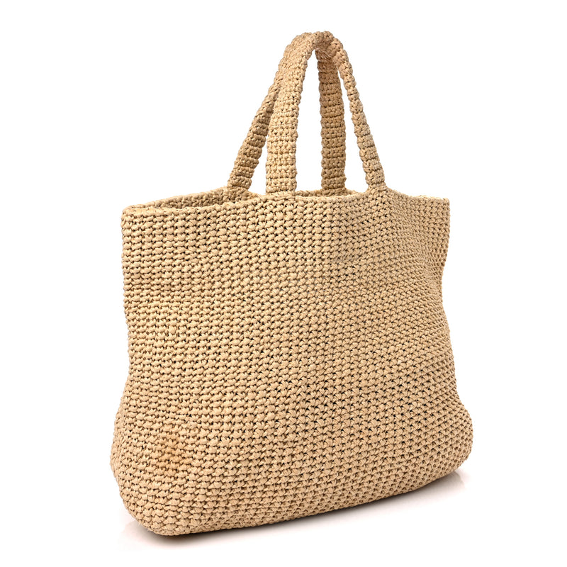 Prada Yarn Raffia Effect Crochet Embroidered Logo Tote Naturale