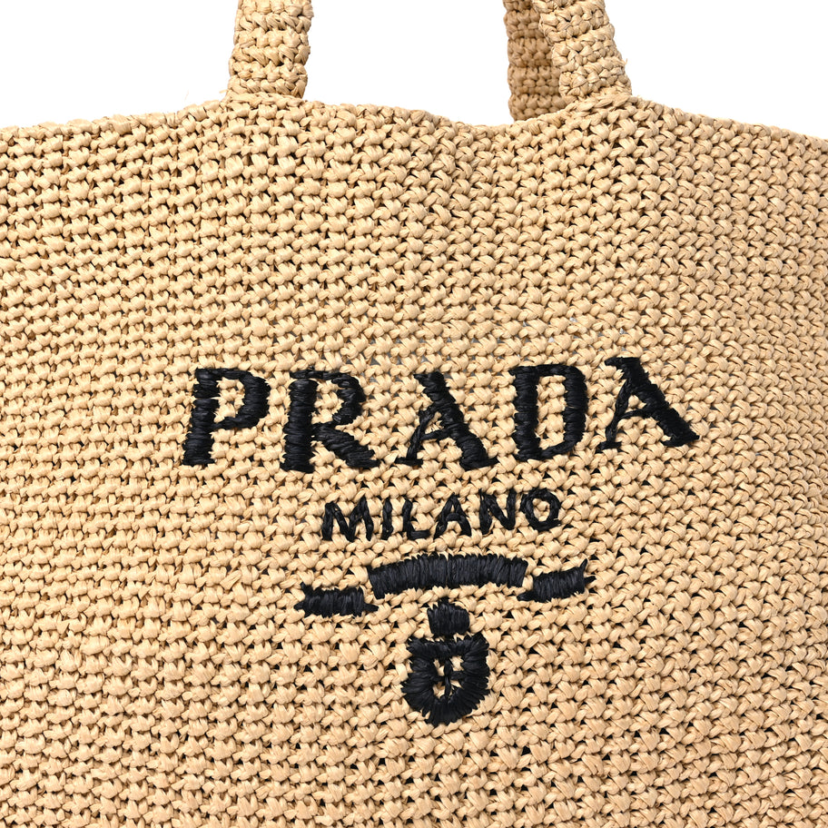Prada Yarn Raffia Effect Crochet Embroidered Logo Tote Naturale Image 7