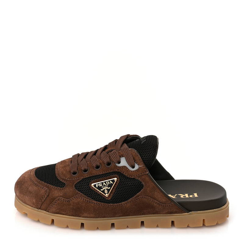  Prada Rete Scamosciato Triangle Logo Trail Mules 36 Cacao