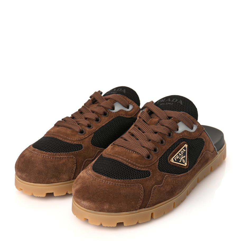 Prada Rete Scamosciato Triangle Logo Trail Mules 36 Cacao Image 4