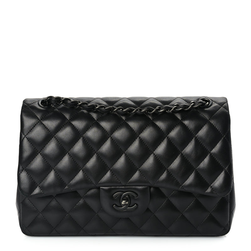  Chanel Lambskin Quilted Jumbo Double Flap So Black So Black