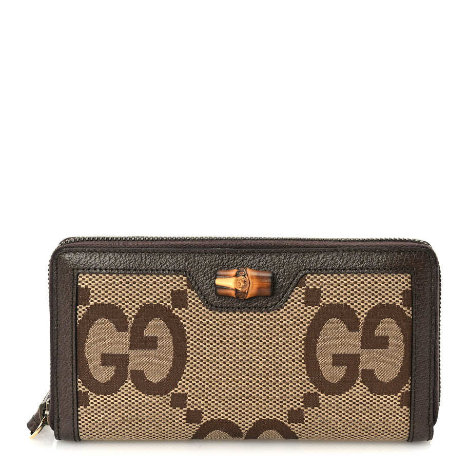 Gucci Monogram Jumbo GG Textured Dollar Calfskin Diana Zip Around Continental Wallet Camel Ebony New Acero Image 1