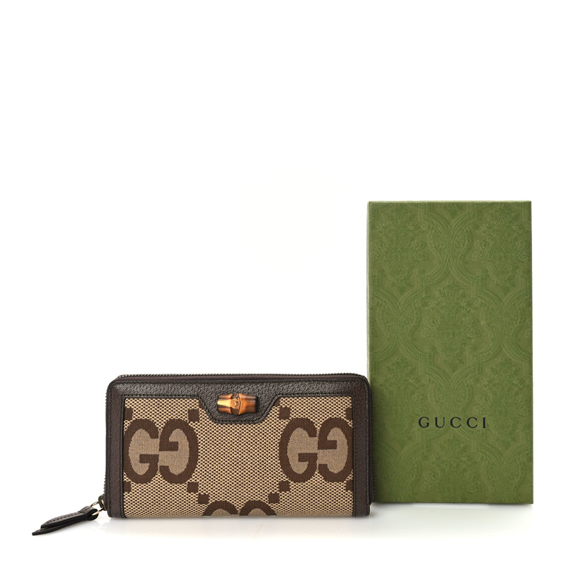  Gucci Monogram Jumbo GG Textured Dollar Calfskin Diana Zip Around Continental Wallet Camel Ebony New Acero