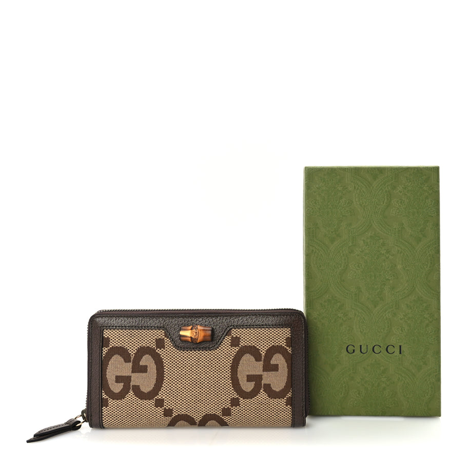 Gucci Monogram Jumbo GG Textured Dollar Calfskin Diana Zip Around Continental Wallet Camel Ebony New Acero Image 2
