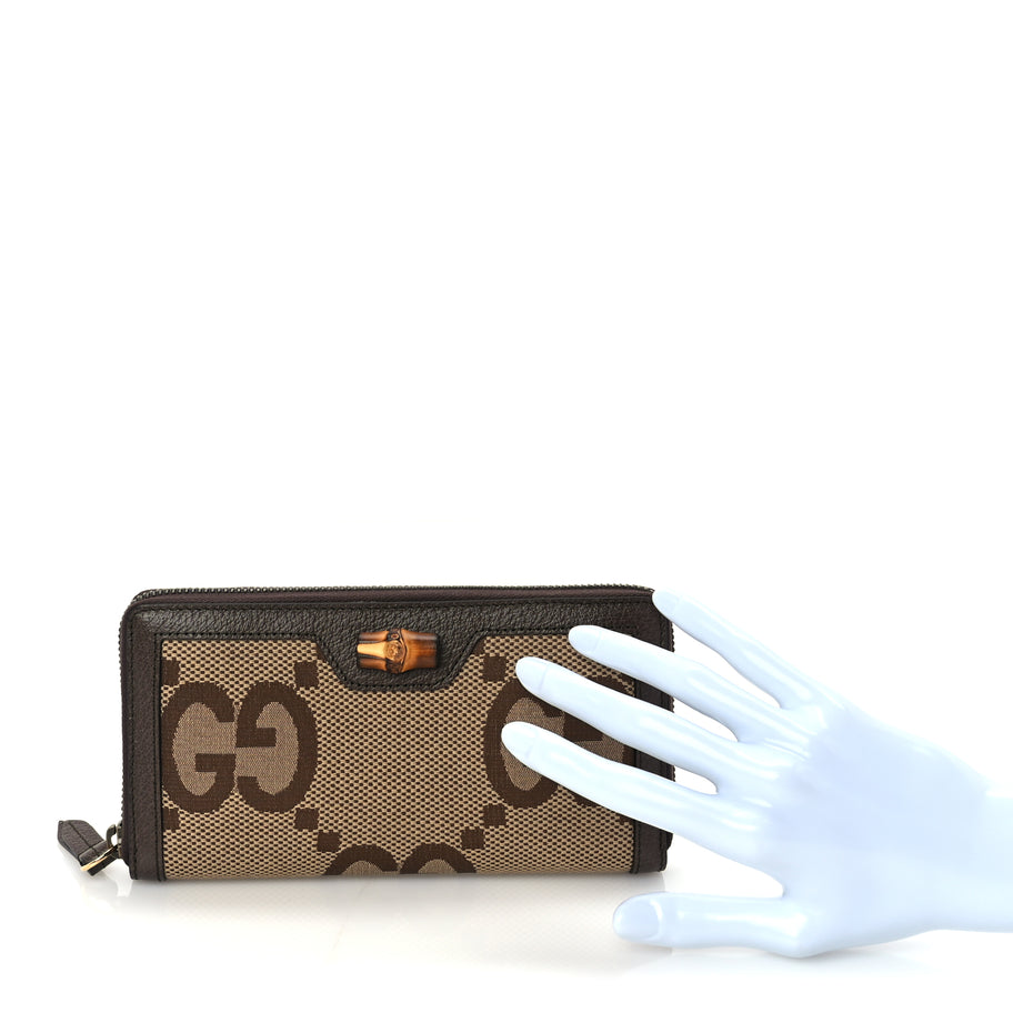 Gucci Monogram Jumbo GG Textured Dollar Calfskin Diana Zip Around Continental Wallet Camel Ebony New Acero Image 3