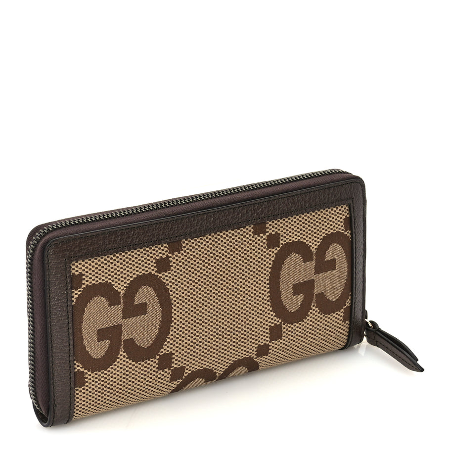 Gucci Monogram Jumbo GG Textured Dollar Calfskin Diana Zip Around Continental Wallet Camel Ebony New Acero Image 4