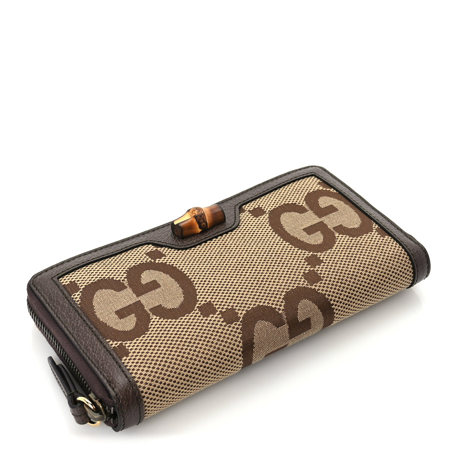 Gucci Monogram Jumbo GG Textured Dollar Calfskin Diana Zip Around Continental Wallet Camel Ebony New Acero Image 5