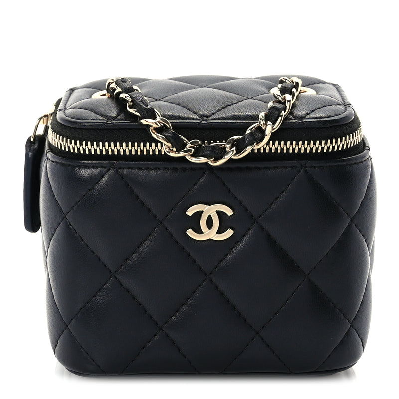  Chanel Lambskin Quilted Mini Vanity Case With Chain  Black