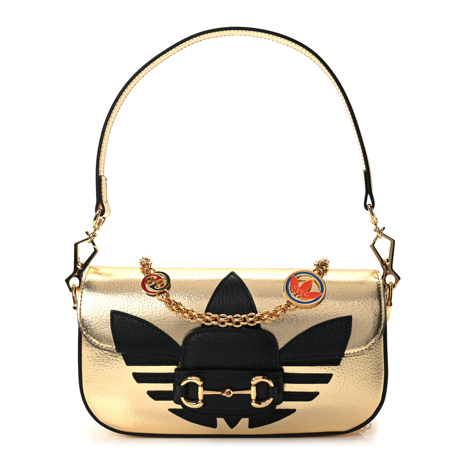 Gucci X ADIDAS Textured Dollar Calfskin Web Trefoil Horsebit 1955 Shoulder Bag King Gold Black Image 1