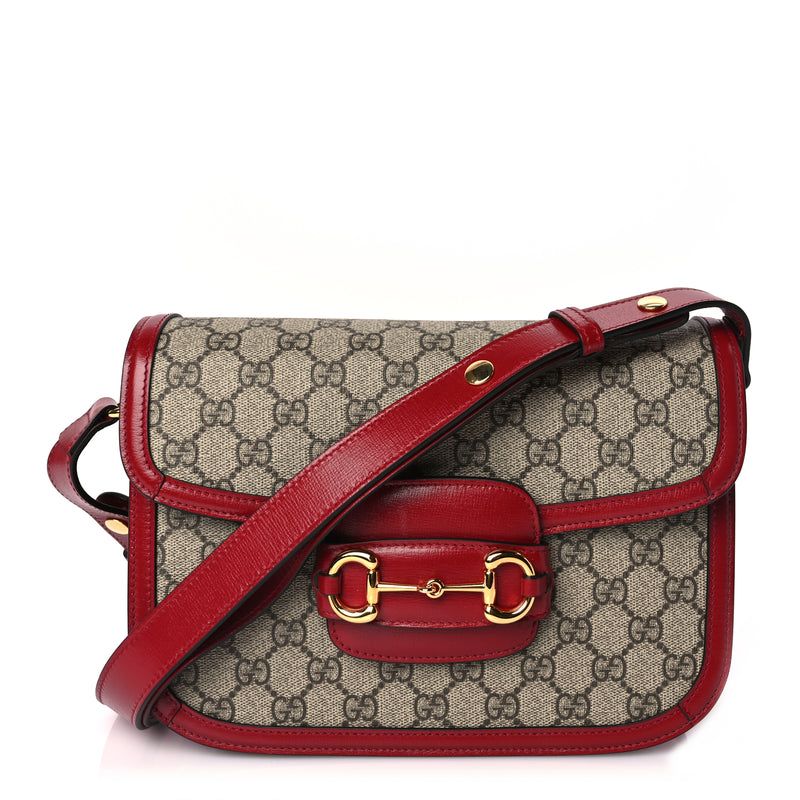  Gucci GG Supreme Monogram Azalea Calfskin Horsebit 1955 Shoulder Bag Beige Ebony New Cherry Red