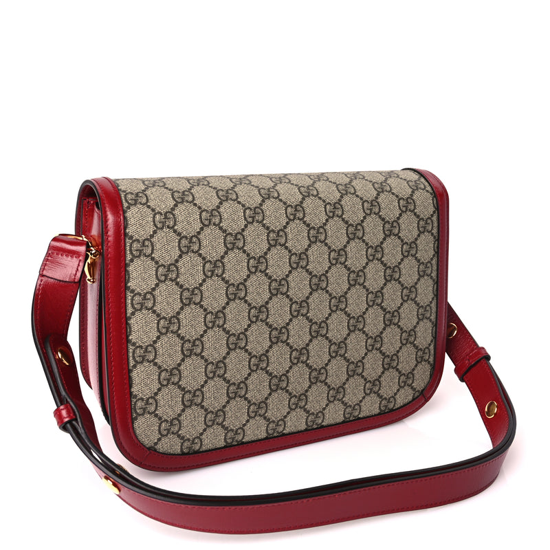  Gucci GG Supreme Monogram Azalea Calfskin Horsebit 1955 Shoulder Bag Beige Ebony New Cherry Red