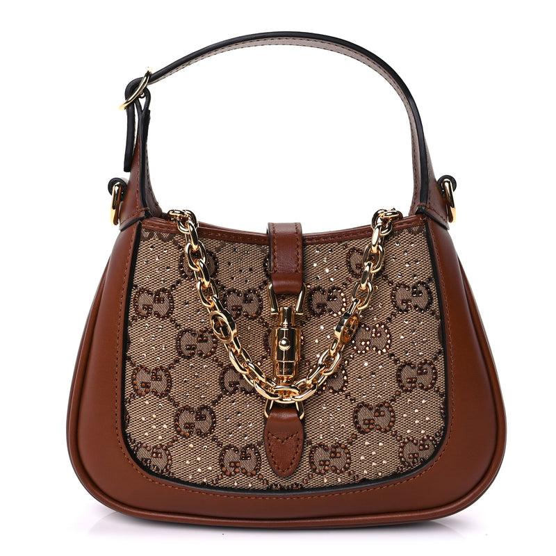  Gucci New Canvas Charisma Calfskin Crystal GG Monogram Mini Jackie 1961 Hobo Camel Ebony